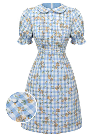 Blue 1960s Puff Sleeve Floral Plaid Dress: timeless style reimagined