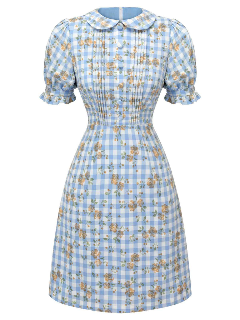 Blue 1960s Puff Sleeve Floral Plaid Dress — vintage elegance for the modern woman