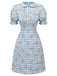 Blue 1960s Puff Sleeve Floral Plaid Dress — vintage elegance for the modern woman