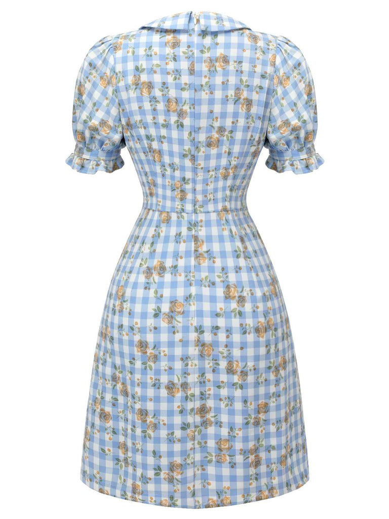 Blue 1960s Puff Sleeve Floral Plaid Dress — vintage elegance for the modern woman