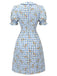 Blue 1960s Puff Sleeve Floral Plaid Dress — vintage elegance for the modern woman