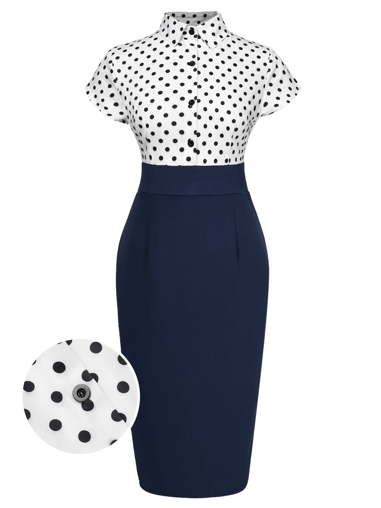 Blue 1960s Shirt Collar Polka Dots Patchwork Dress, vintage dress, retro fashion - perfect for women who love vintage and retro fashion
