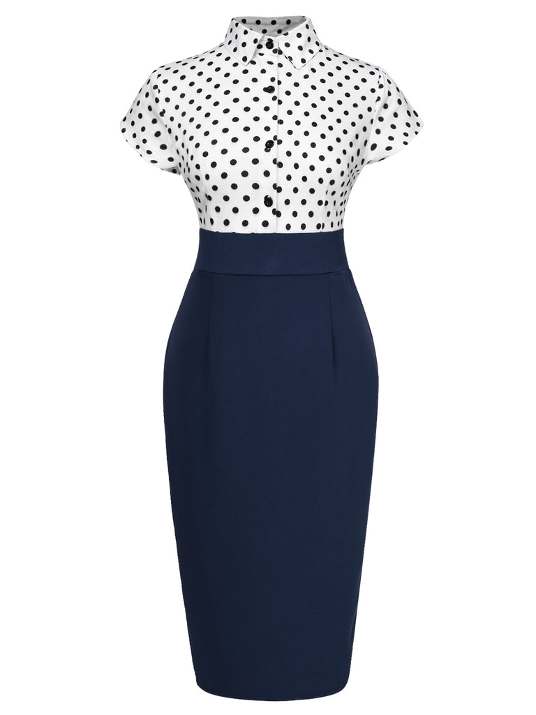 Blue 1960s Shirt Collar Polka Dots Patchwork Dress, vintage dress, retro fashion - perfect for women who love vintage and retro fashion
