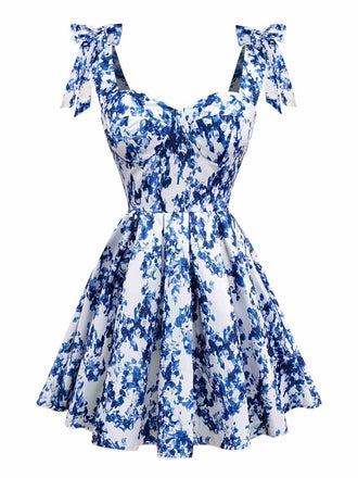 Blue 1960s Shoulder Tie Floral Skater Dress - vintage dress, retro fashion