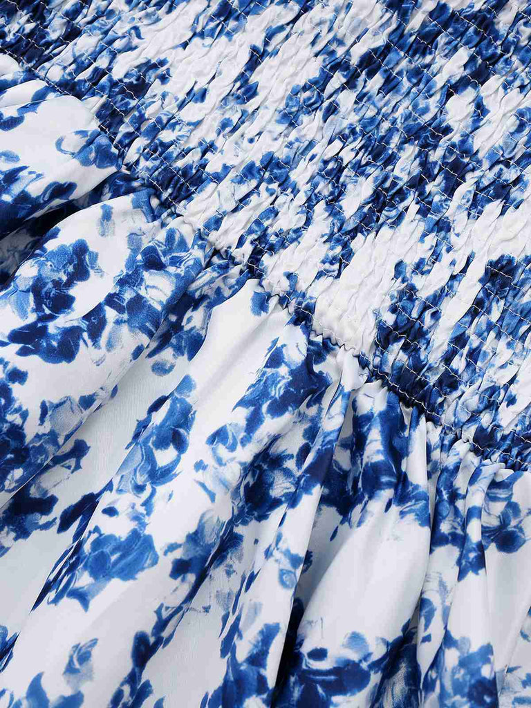 Blue 1960s Shoulder Tie Floral Skater Dress - vintage dress, retro fashion