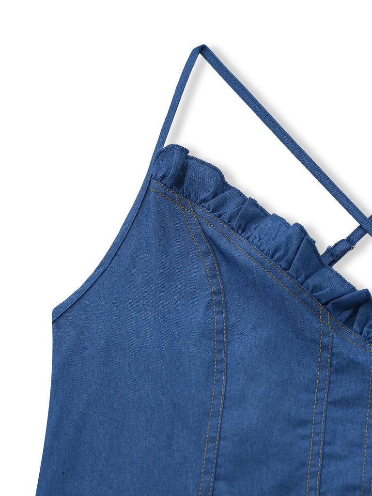 Blue 1960s Spaghetti Strap Denim High-Low Dress: beautiful vintage dress, retro fashion, elegant style with timeless appeal