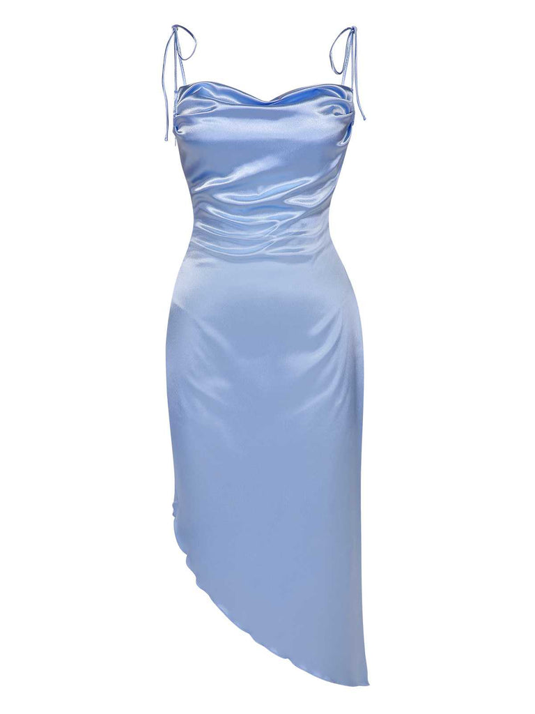 Blue 1960s Spaghetti Strap Irregular Hem Satin Dress: where 1960s romance meets her modern spirit