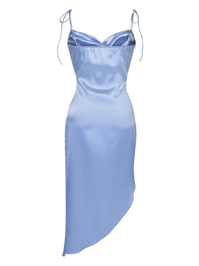 This Blue 1960s Spaghetti Strap Irregular Hem Satin Dress wraps her in 1960s elegance, one twirl at a time