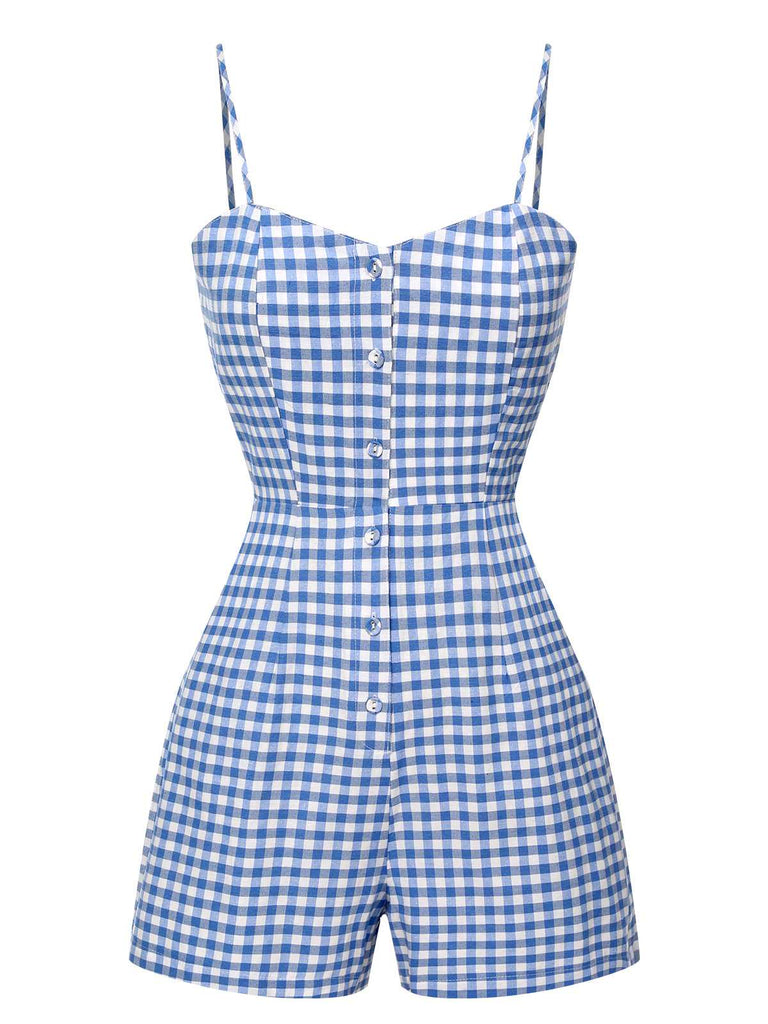 She finds her 1960s story in this Blue 1960s Spaghetti Strap Plaids Romper