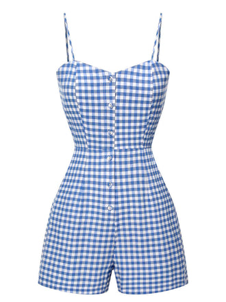 She finds her 1960s story in this Blue 1960s Spaghetti Strap Plaids Romper