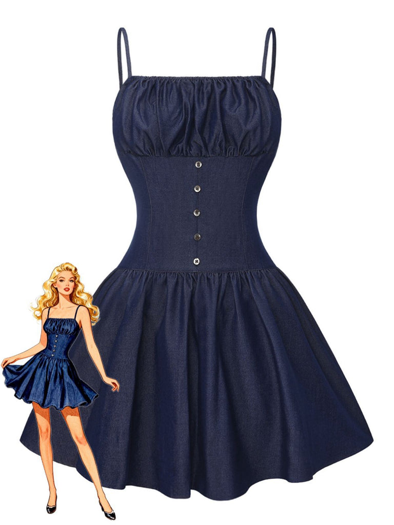 Blue 1960s Spaghetti Strap Ruched Mini Dress - vintage dress, retro fashion