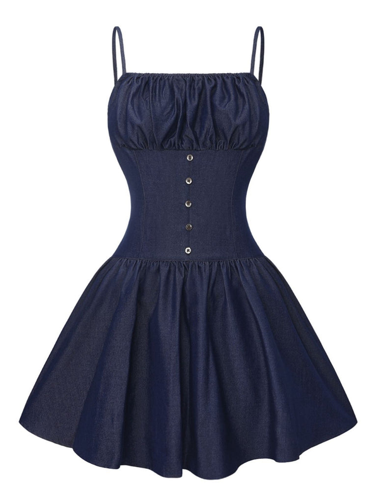 Blue 1960s Spaghetti Strap Ruched Mini Dress - vintage dress, retro fashion