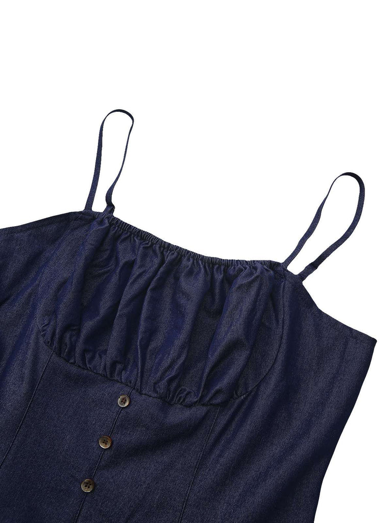 Blue 1960s Spaghetti Strap Ruched Mini Dress - vintage dress, retro fashion