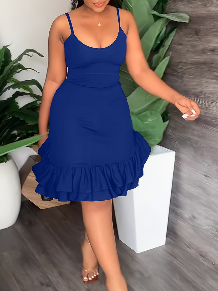 This Blue 1960s Spaghetti Strap Ruffles Hem Dress wraps her in 1960s elegance, one twirl at a time
