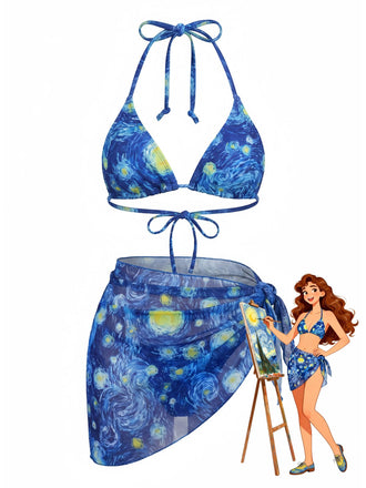 Blue 1960s Halter Tie Van Gogh Starry Night Tankini