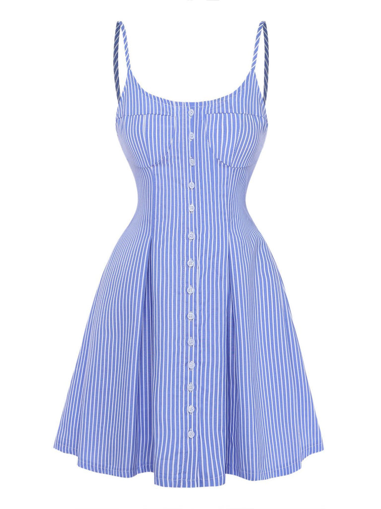 Blue 1960s Striped Buttons Spaghetti Strap A-Line Dress: beautiful vintage dress, retro fashion, elegant style with timeless appeal
