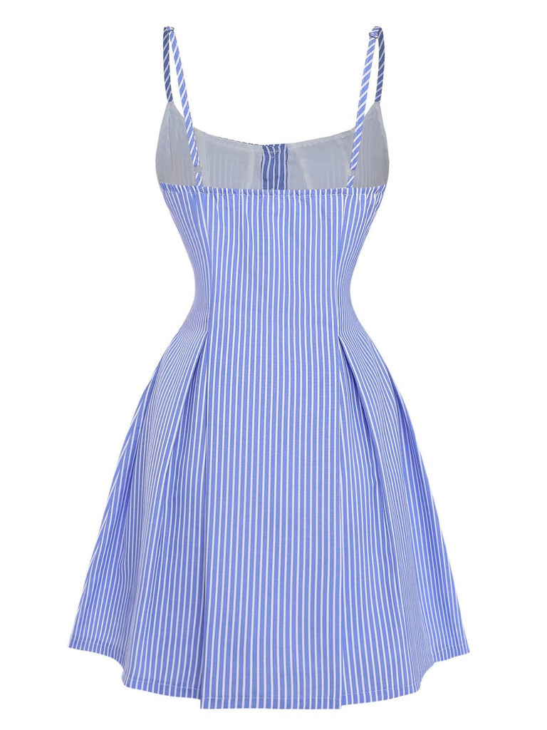 Blue 1960s Striped Buttons Spaghetti Strap A-Line Dress | vintage dress, retro fashion, elegant style - perfect for retro fashion enthusiasts