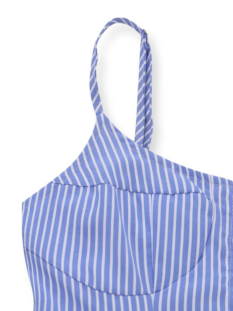 Blue 1960s Striped Buttons Spaghetti Strap A-Line Dress - vintage dress, retro fashion, elegant style for vintage lovers