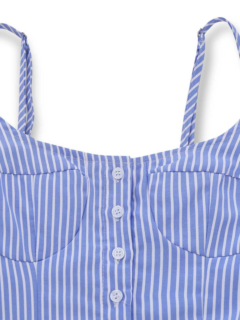 Blue 1960s Striped Buttons Spaghetti Strap A-Line Dress: beautiful vintage dress, retro fashion, elegant style with timeless appeal