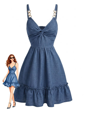 Blue 1960s Twist Knot Spaghetti Strap Ruffled Dress - vintage dress, retro fashion for vintage lovers