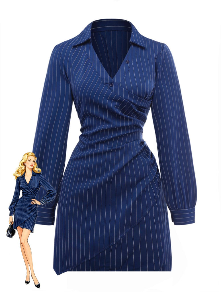 Blue 1960s V-Neck Wrap Striped Shirt Dress - vintage dress, retro fashion