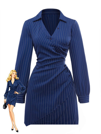 Blue 1960s V-Neck Wrap Striped Shirt Dress - vintage dress, retro fashion