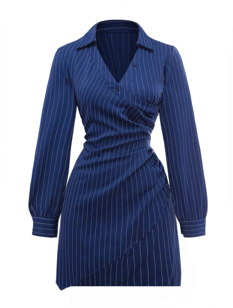 Blue 1960s V-Neck Wrap Striped Shirt Dress - vintage dress, retro fashion