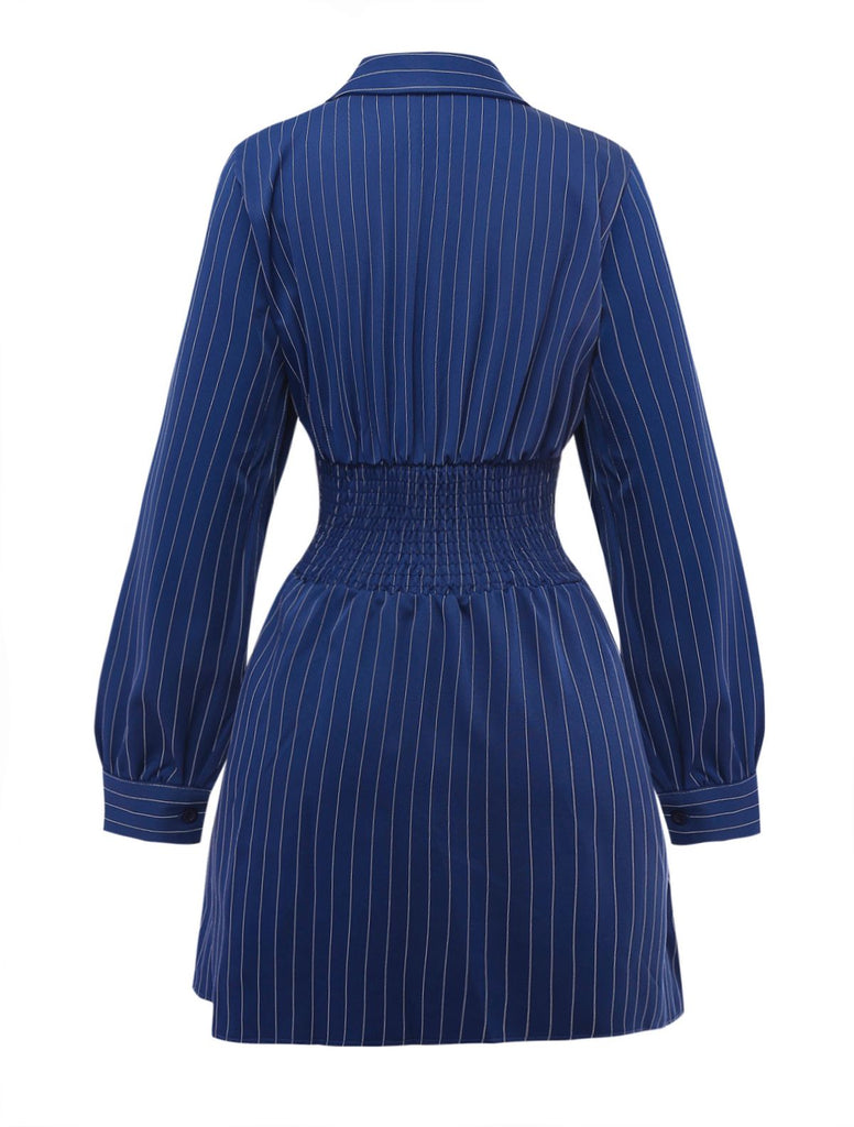 Blue 1960s V-Neck Wrap Striped Shirt Dress - vintage dress, retro fashion