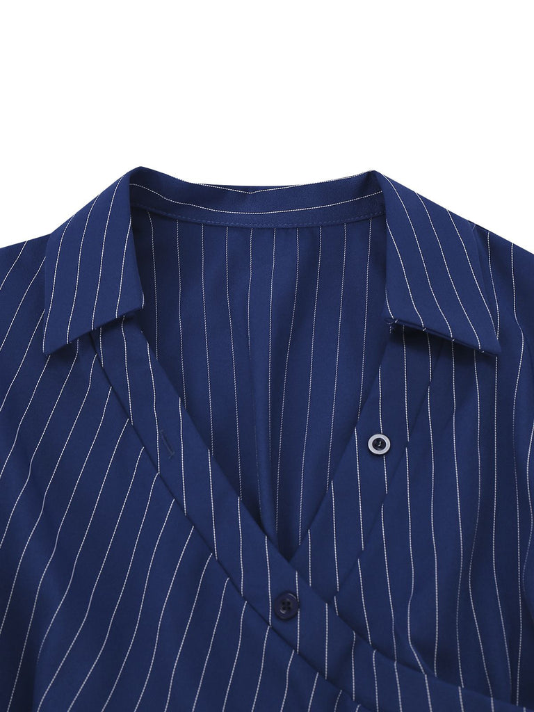 Blue 1960s V-Neck Wrap Striped Shirt Dress - vintage dress, retro fashion