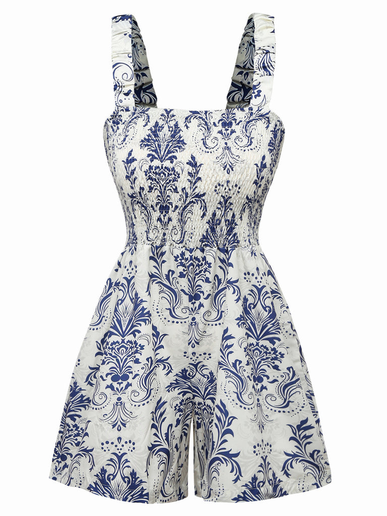 Blue 1970s Baroque Smocked Suspender Romper: beautiful vintage romper, retro jumpsuit, playful style with timeless appeal
