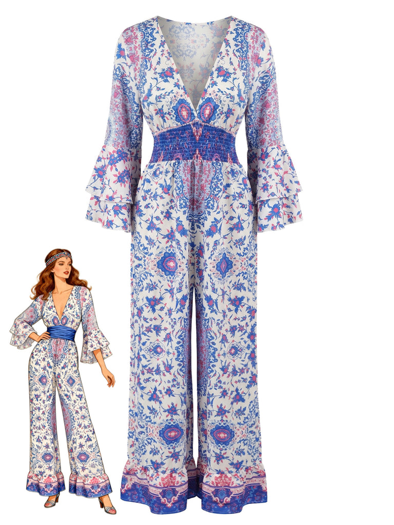 Blue 1970s Bohemian Ditsy Floral Flare Sleeve Jumpsuit, vintage romper, retro jumpsuit - perfect for women who love vintage and retro fashion
