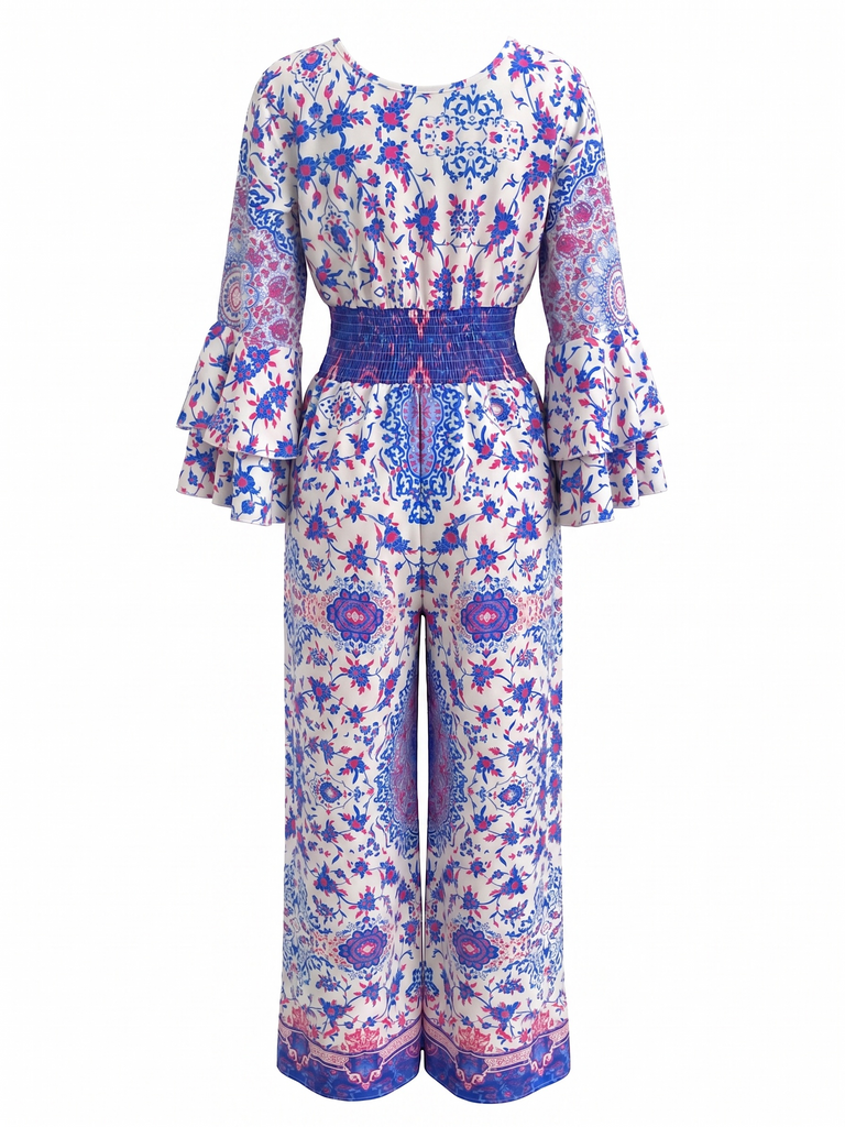 Blue 1970s Bohemian Ditsy Floral Flare Sleeve Jumpsuit, vintage romper, retro jumpsuit - perfect for women who love vintage and retro fashion