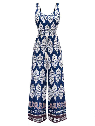 Blue 1970s Boho Ethnic Print Strap Belted Jumpsuit - vintage jumpsuit, retro fashion