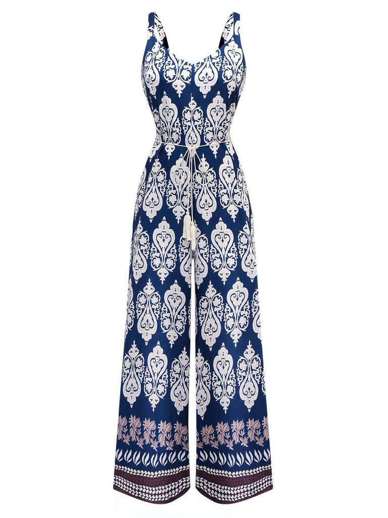 Blue 1970s Boho Ethnic Print Strap Belted Jumpsuit - vintage jumpsuit, retro fashion