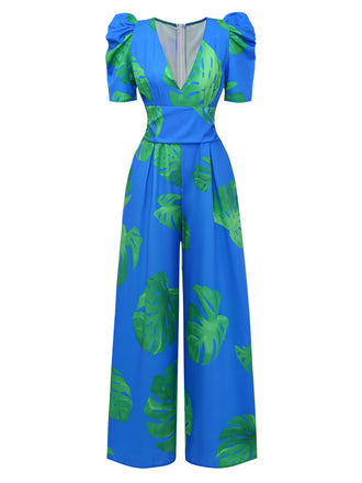 Blue 1970s Boho V-Neck Tropical Palm Leaf Jumpsuit - vintage jumpsuit, retro fashion