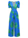 Blue 1970s Boho V-Neck Tropical Palm Leaf Jumpsuit - vintage jumpsuit, retro fashion