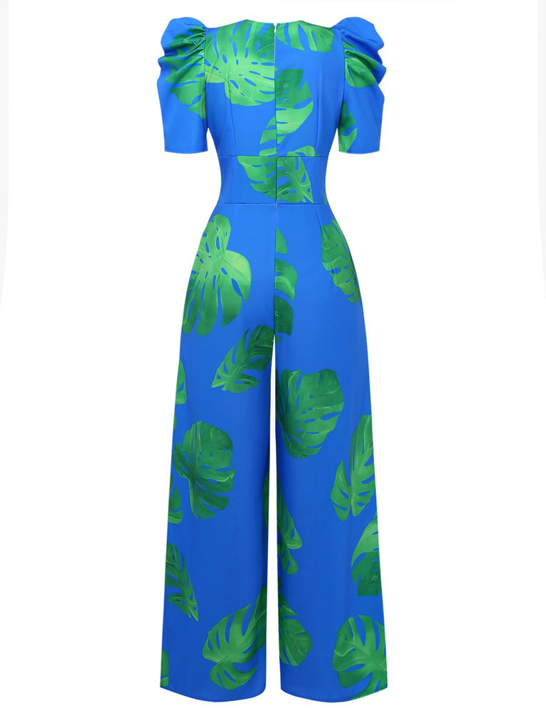 Blue 1970s Boho V-Neck Tropical Palm Leaf Jumpsuit - vintage jumpsuit, retro fashion