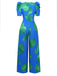 Blue 1970s Boho V-Neck Tropical Palm Leaf Jumpsuit - vintage jumpsuit, retro fashion