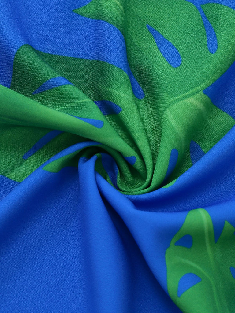 Blue 1970s Boho V-Neck Tropical Palm Leaf Jumpsuit - vintage jumpsuit, retro fashion