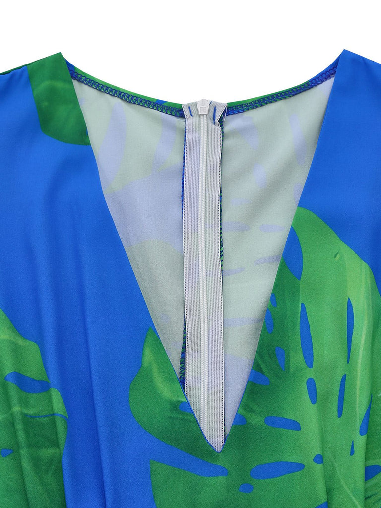 Blue 1970s Boho V-Neck Tropical Palm Leaf Jumpsuit - vintage jumpsuit, retro fashion