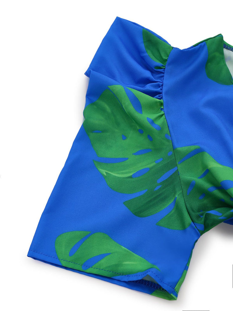 Blue 1970s Boho V-Neck Tropical Palm Leaf Jumpsuit - vintage jumpsuit, retro fashion