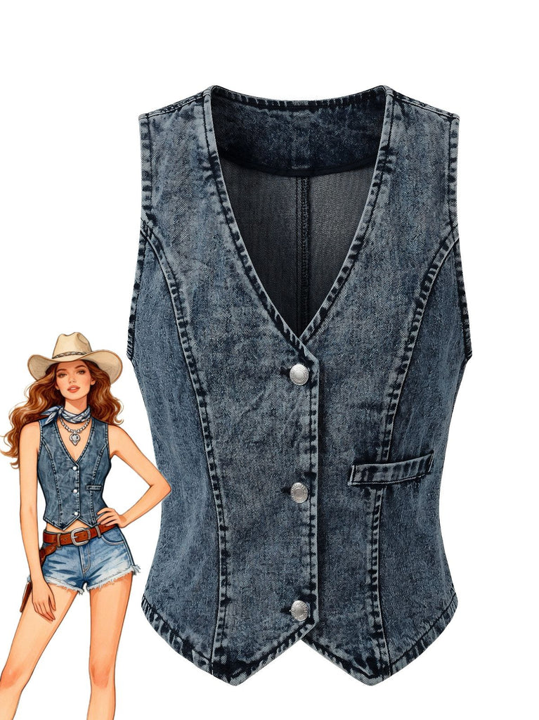 Blue 1970s Denim V-Neck Sleeveless Button Top, vintage top, retro blouse - perfect for women who love vintage and retro fashion