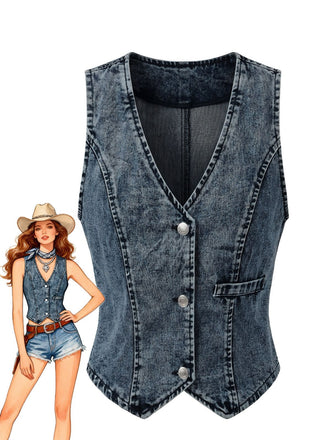 Blue 1970s Denim V-Neck Sleeveless Button Top, vintage top, retro blouse - perfect for women who love vintage and retro fashion