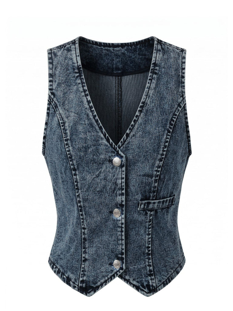 Blue 1970s Denim V-Neck Sleeveless Button Top, vintage top, retro blouse - perfect for women who love vintage and retro fashion