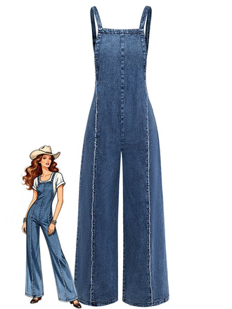 Blue 1970s Denim Wide-Leg Overalls Frayed Jumpsuit - vintage romper, retro jumpsuit, playful style for vintage lovers