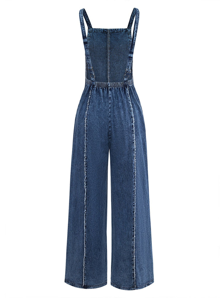 Blue 1970s Denim Wide-Leg Overalls Frayed Jumpsuit | vintage romper, retro jumpsuit, playful style - perfect for retro fashion enthusiasts
