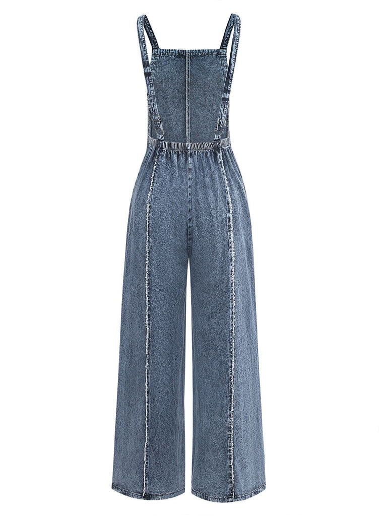 Blue 1970s Denim Wide-Leg Overalls Frayed Jumpsuit, vintage romper, retro jumpsuit - perfect for women who love vintage and retro fashion
