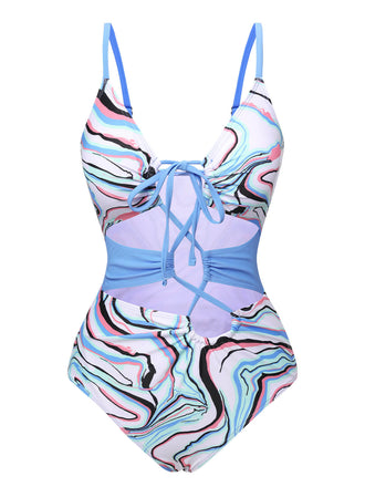 Blue 1970s Marble Print Hollow One-Piece Swimsuit, vintage swimsuit, pin-up swimwear - perfect for women who love vintage and retro fashion