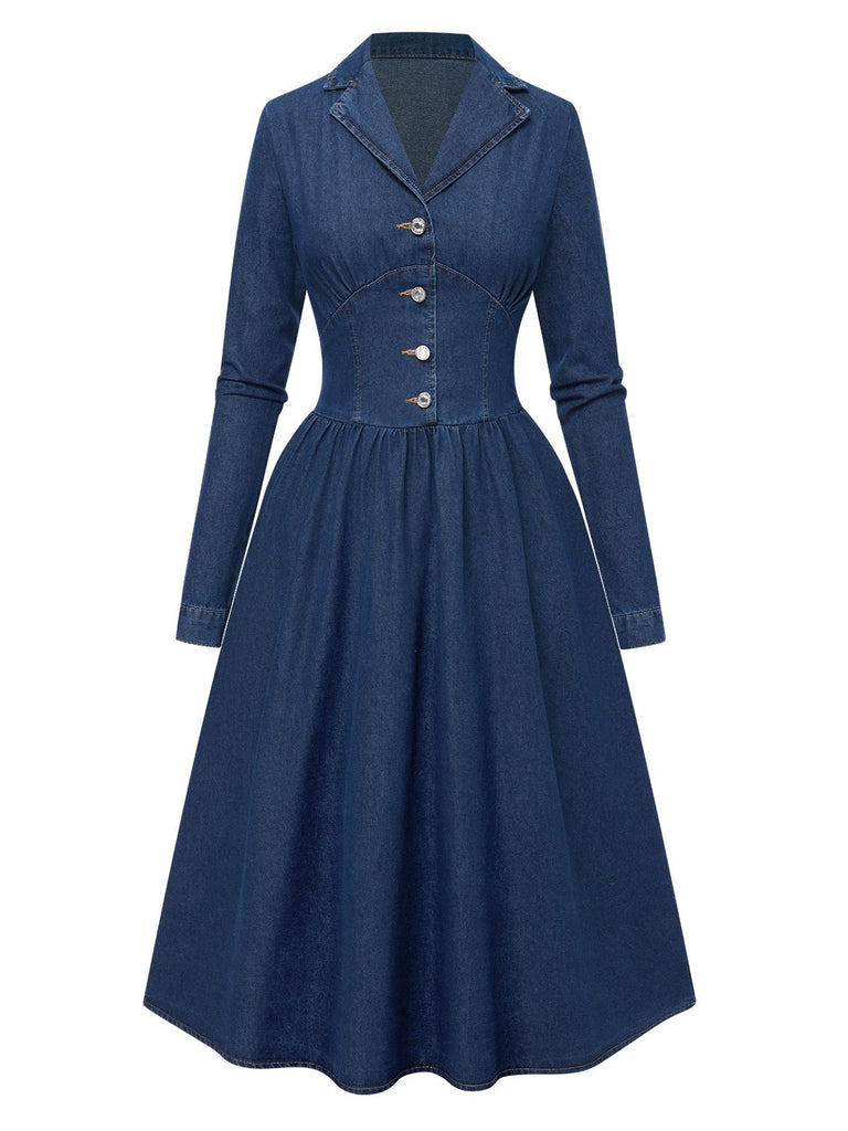 1970s Notched Collar Long Denim | 1970s | vintage dress, retro fashion