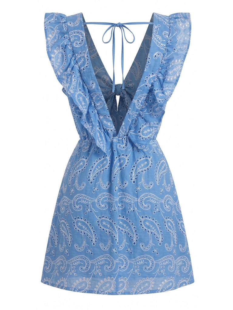 Blue 1970s Paisley Embroidered Ruffle V-Neck Dress 2